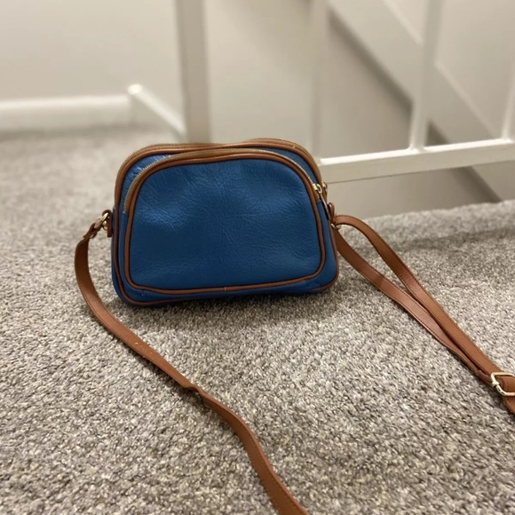 VALENTINA Genuine Leather Crossbody Purse Blue And Tan Made In Italy - Picture 3 of 8